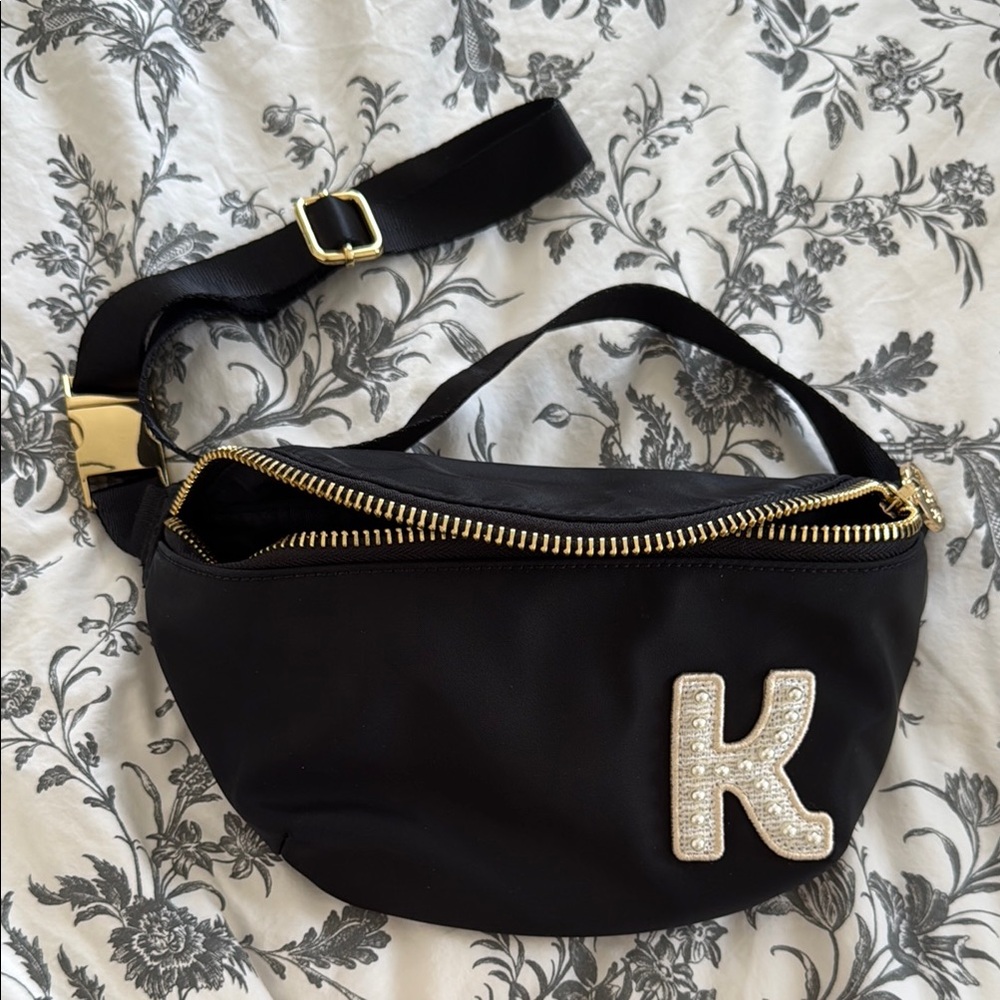 Stoney Clover Lane Black Belt Bag with Gold Accents (letter K pearl patch)